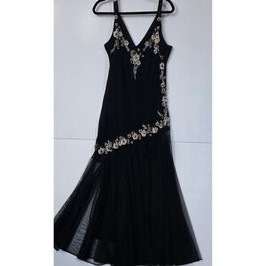 R&M Richards Gown Women 18W Black Floral Beaded Sequin Mesh Formal Evening Dress
